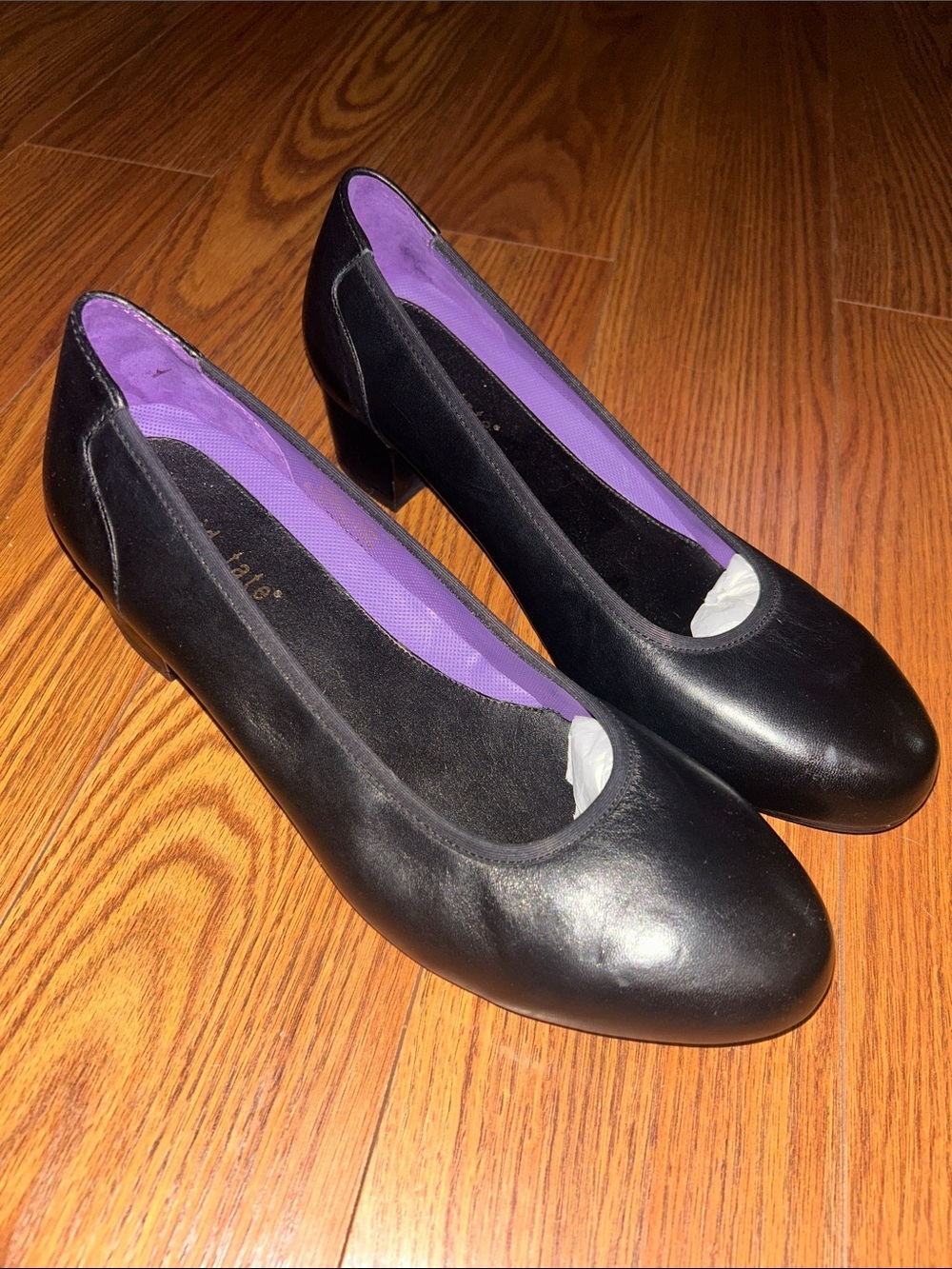 NWOT David Tate Simona Pump Block Heel Black Leather Purple Interior Women 12WW
